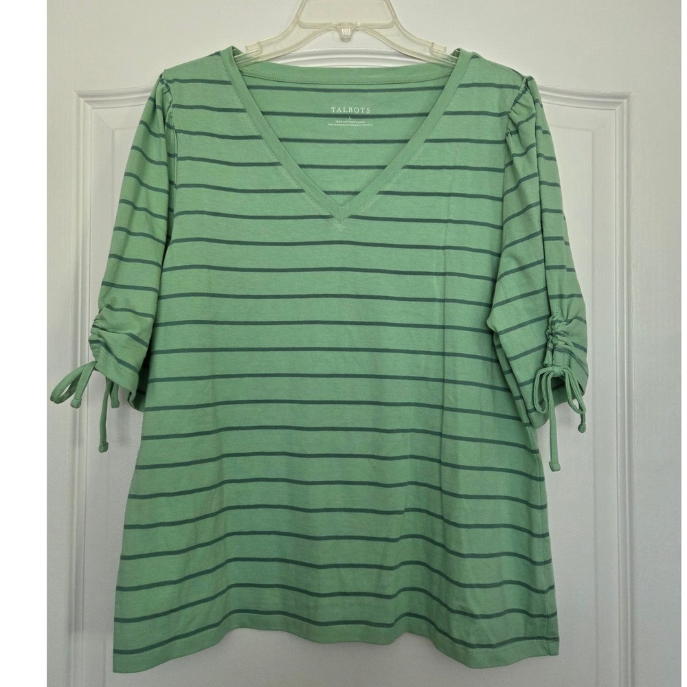 Talbots Striped Tee Shirt‎ Cotton Short Sleeve Gather Ties Sz L Casual Spring